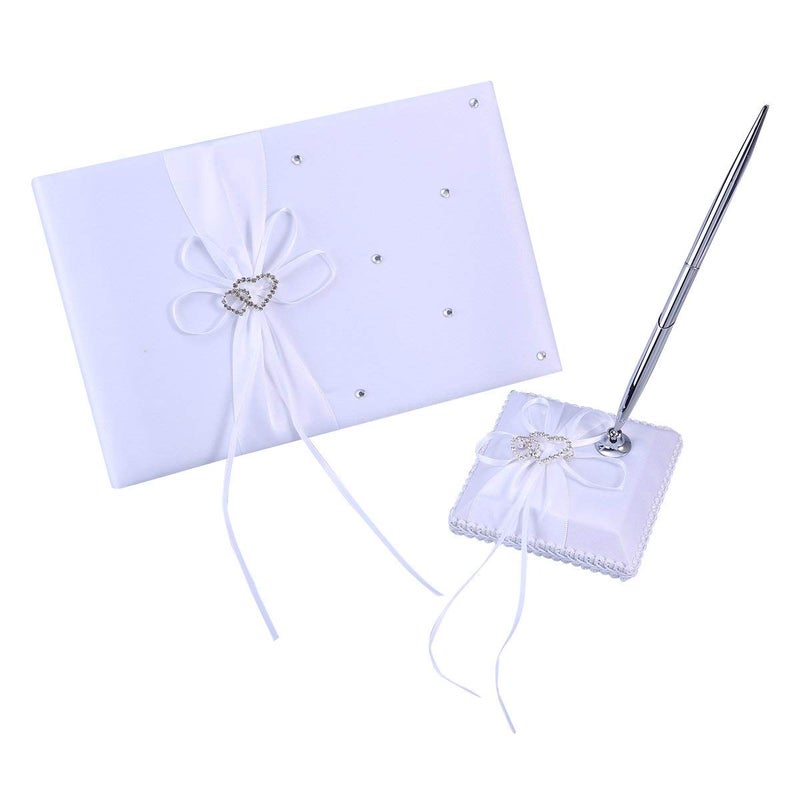 FRECI Wedding Guest Book and Pen Set Double Heart Rhinestone Decor Signature Book with Pen for Wedding Party Decorations - White - Image 1